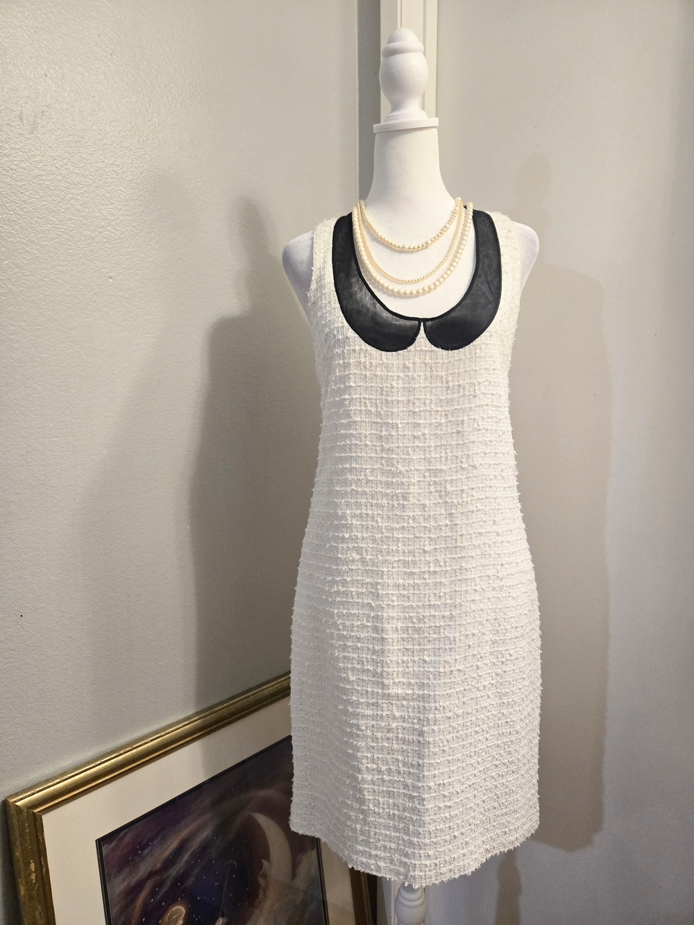 RED Valentino Ivory Tweed Tank with Black Sheer Collar Midi Dress Size 6